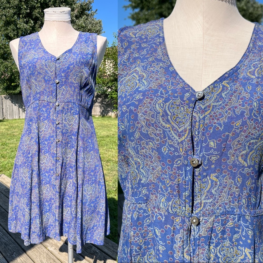 Vintage GAP Floral Blue Button Up Sleeveless Mini Dress Size 10